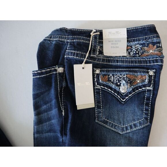 Miss Me M3953B Women's Sz 33 Dk Blue Floral Paradise Mid-Rise Bootcut Jeans - Picture 4 of 13